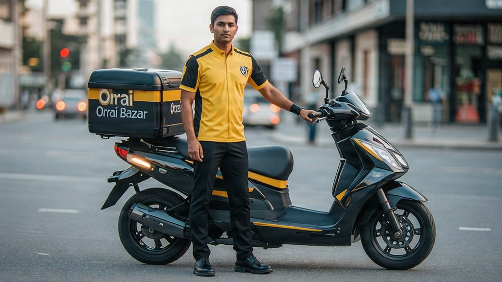 A professional delivery rider in Orai Bazar uniform with a modern delivery bike, photorealistic, high-end lighting.