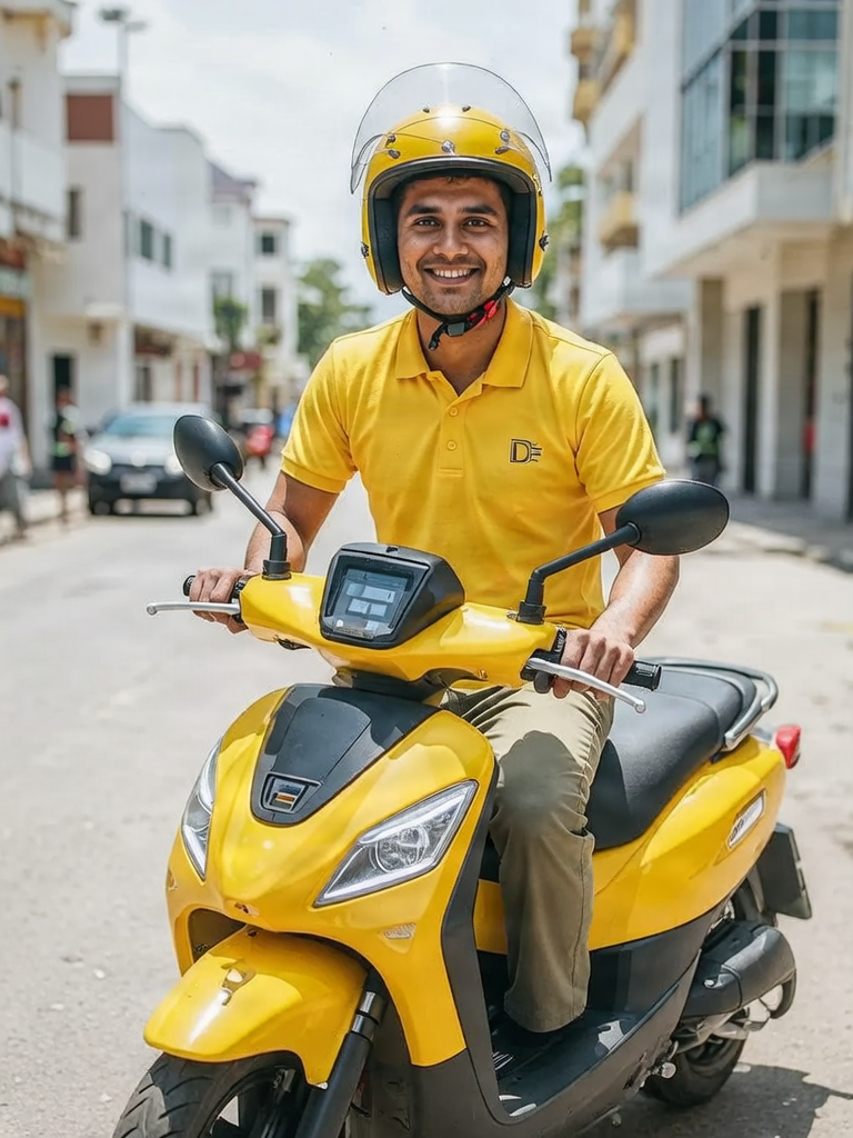 Orai Bazar delivery rider on a yellow scooter, smiling and wearing a branded uniform, modern Indian city background.