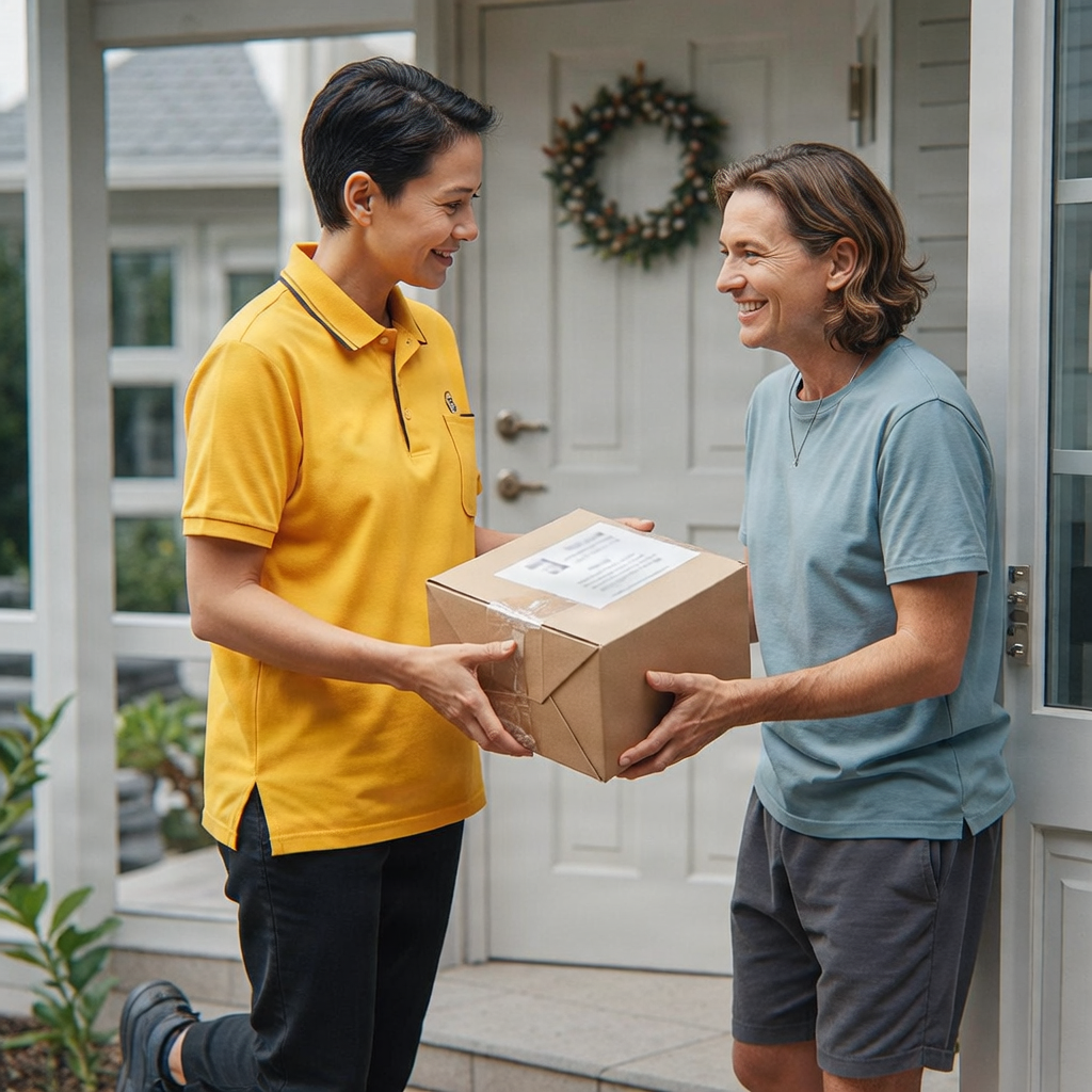 Delivery partner handing over a parcel to a recipient.