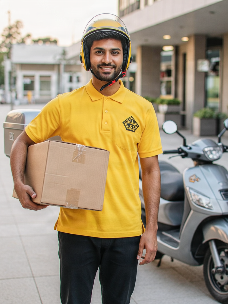 Indian delivery rider with a parcel box, smiling.