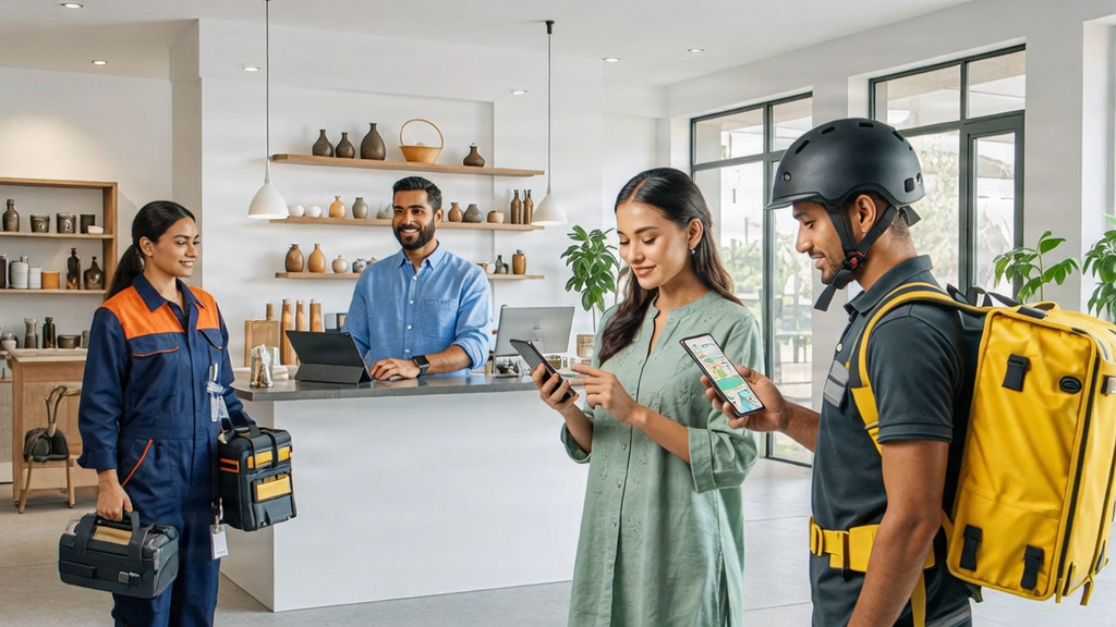 Indian local marketplace composite scene with shopkeeper, delivery rider, and customer